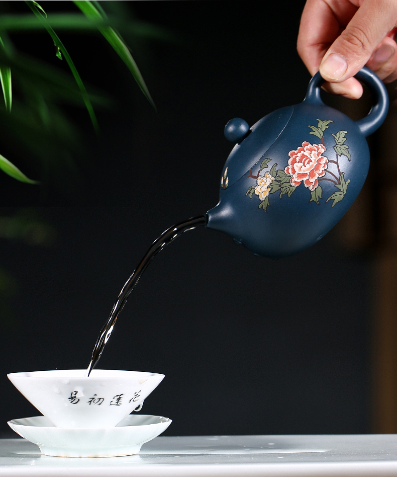 純手工紫砂壺，小巧琺瑯印花紫砂壺